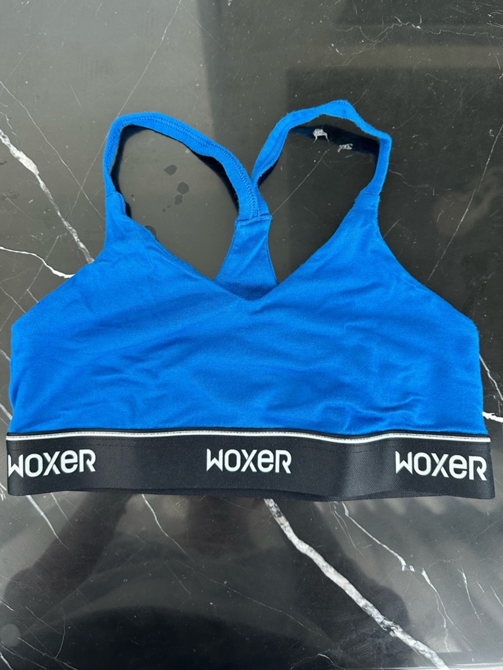 Woxer Icon Racerback Blue Sports Bra with Black Logo Band